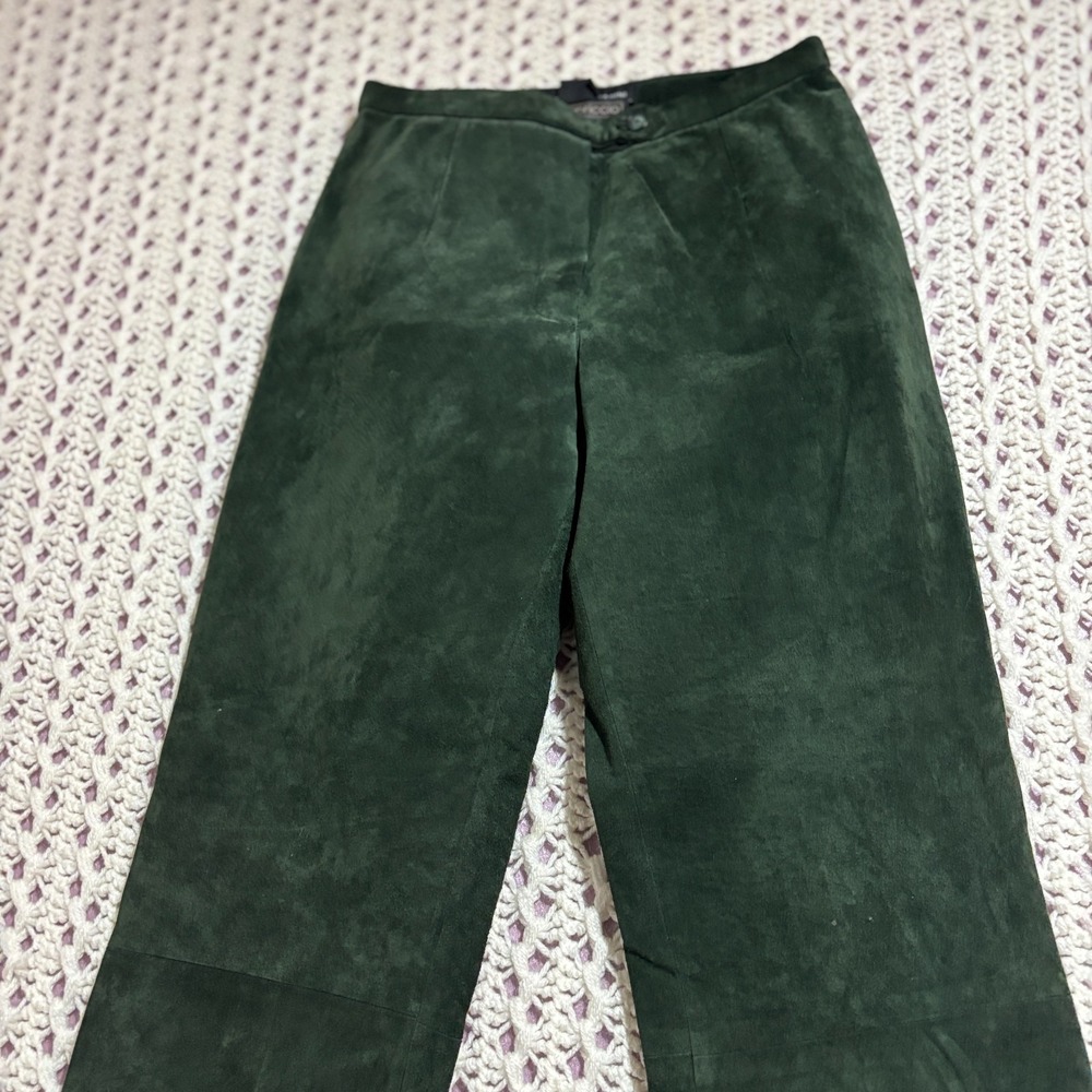 Adrienne Vittadini 100% Leather Trousers Dark Green Solid Suede High Waist US 6